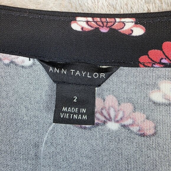 Ann Taylor Dress Womens 2 Black Floral Wrap V Neck Tie Waist Long Sleeve Jersey - Picture 2 of 12